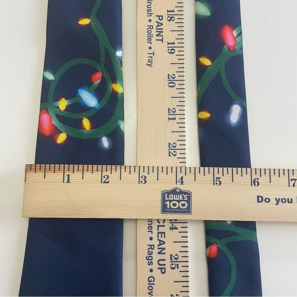 Festive Thin Navy Tie with Holiday Lights Christmas Novelty Party White Elephant